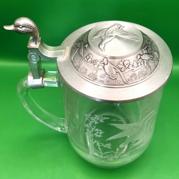 Vintage Etched Glass Beer Stein Tankard Lid Duck Goose Pond Scene Germany France - Picture 4 of 14